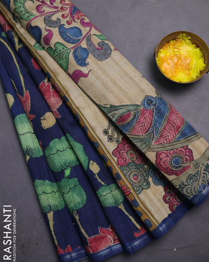 Semi tussar saree navy blue and beige with allover kalamkari prints and embroidered pallu
