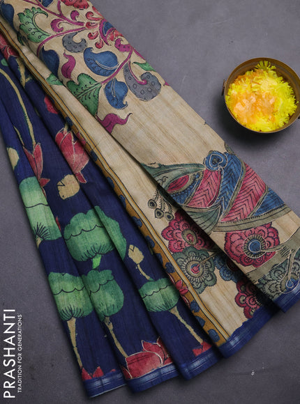 Semi tussar saree navy blue and beige with allover kalamkari prints and embroidered pallu