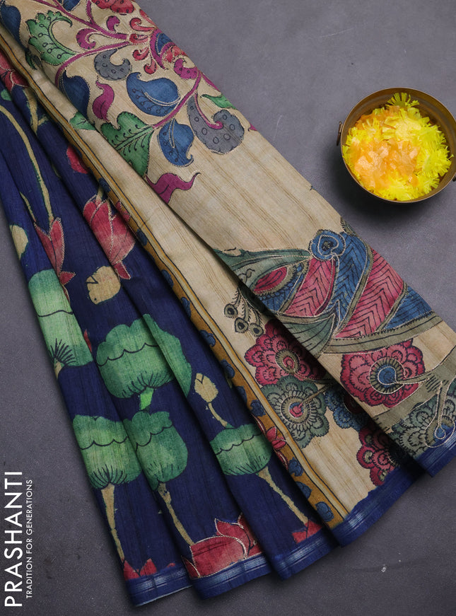 Semi tussar saree navy blue and beige with allover kalamkari prints and embroidered pallu