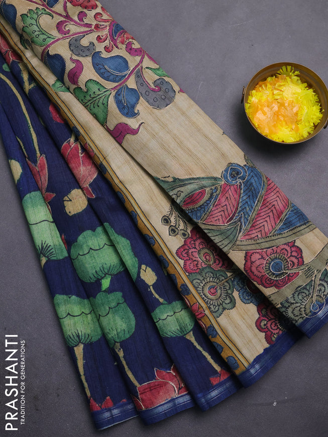 Semi tussar saree navy blue and beige with allover kalamkari prints and embroidered pallu