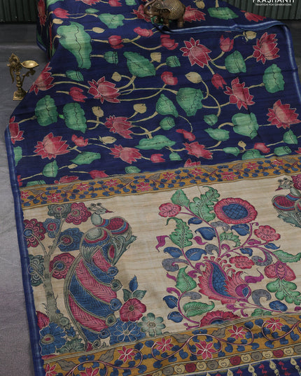 Semi tussar saree navy blue and beige with allover kalamkari prints and embroidered pallu