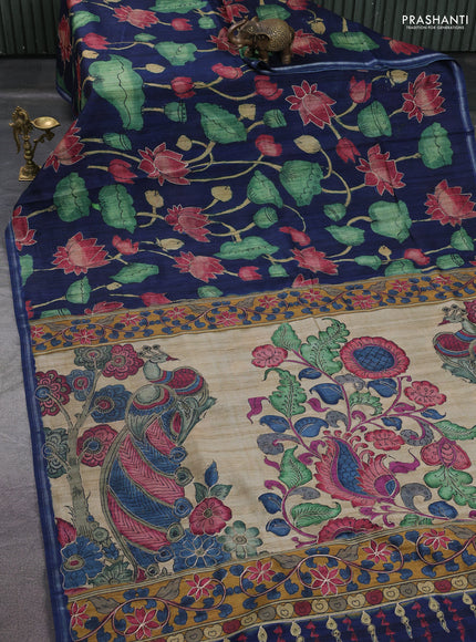 Semi tussar saree navy blue and beige with allover kalamkari prints and embroidered pallu