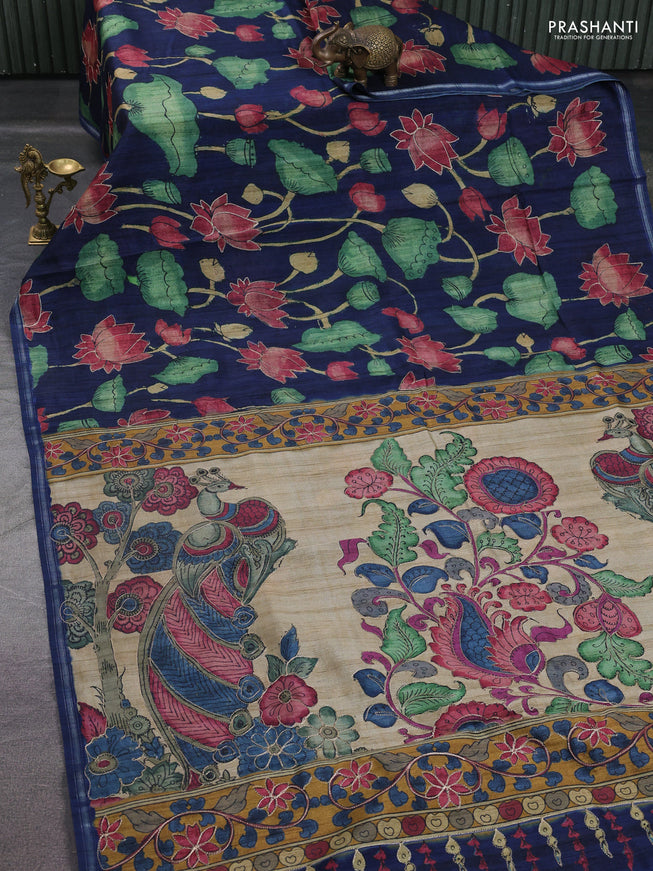 Semi tussar saree navy blue and beige with allover kalamkari prints and embroidered pallu