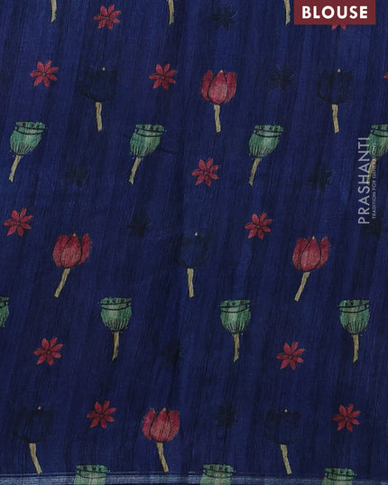 Semi tussar saree navy blue and beige with allover kalamkari prints and embroidered pallu