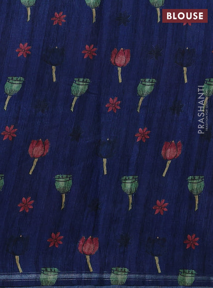 Semi tussar saree navy blue and beige with allover kalamkari prints and embroidered pallu