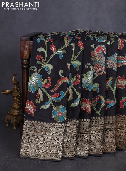 Banarasi crepe saree black with kalamkari prints & sequin embroidery work and zari woven border
