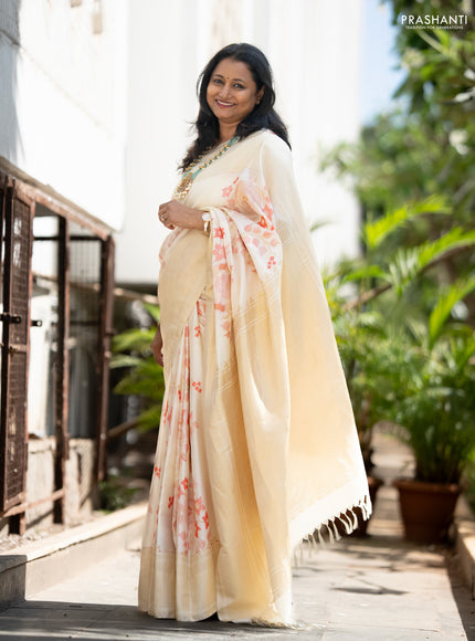 Pure kanchipuram silk saree off white with allover floral design brocade weaves and zari woven border