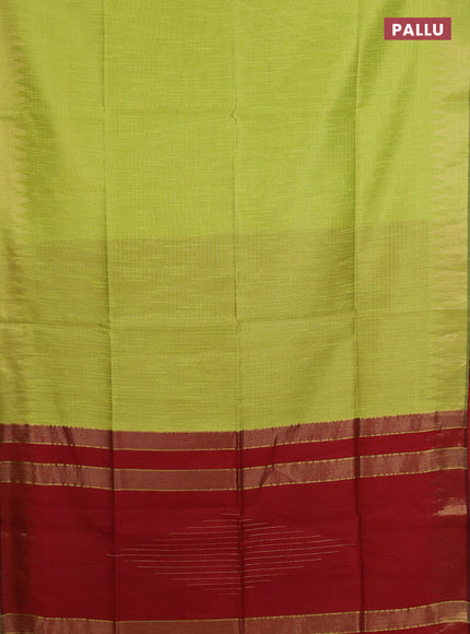 Semi dupion saree fluorescent green and maroon with allover zari weaves and temple zari woven border