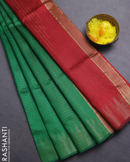 Semi dupion saree green and red with allover zari weaves and temple zari woven border