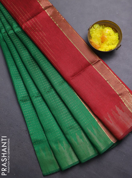 Semi dupion saree green and red with allover zari weaves and temple zari woven border