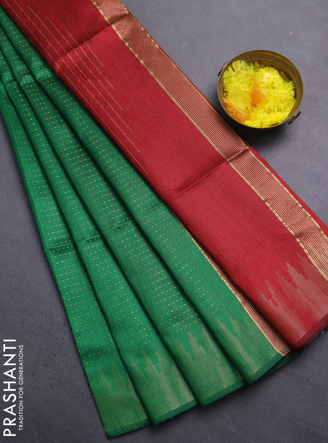Semi dupion saree green and red with allover zari weaves and temple zari woven border