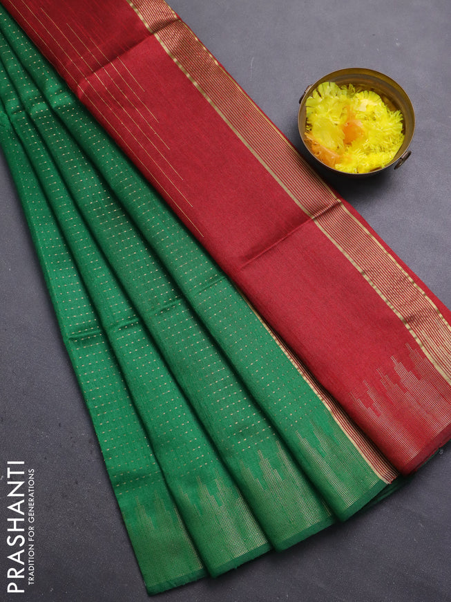Semi dupion saree green and red with allover zari weaves and temple zari woven border
