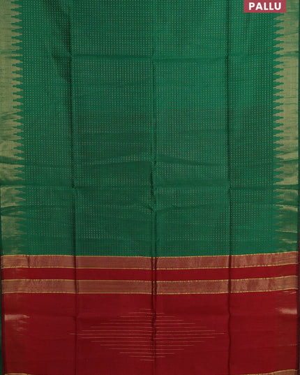 Semi dupion saree green and red with allover zari weaves and temple zari woven border
