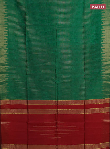 Semi dupion saree green and red with allover zari weaves and temple zari woven border
