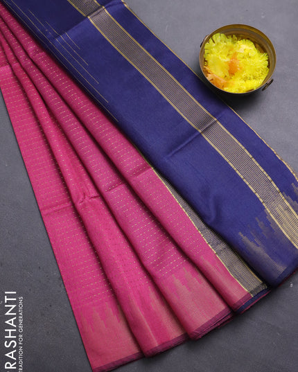 Semi dupion saree dark pink and navy blue with allover zari weaves and temple zari woven border