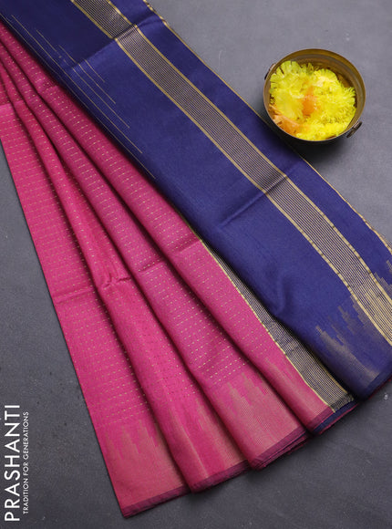 Semi dupion saree dark pink and navy blue with allover zari weaves and temple zari woven border