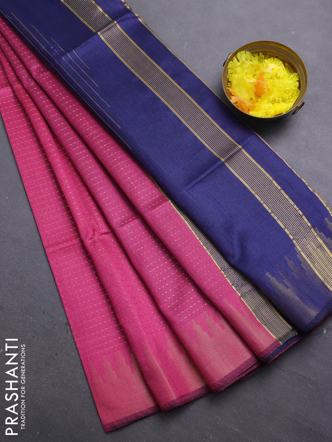 Semi dupion saree dark pink and navy blue with allover zari weaves and temple zari woven border