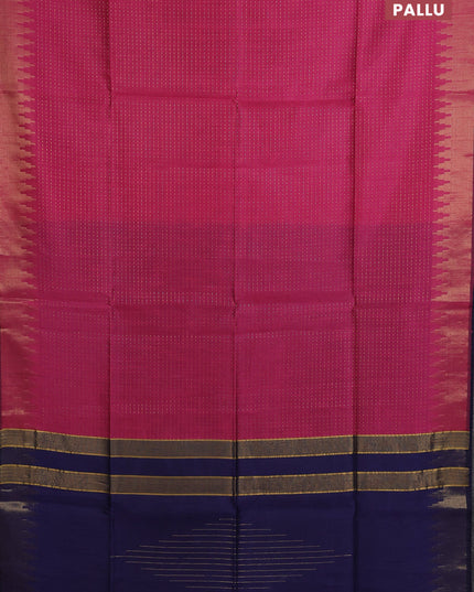 Semi dupion saree dark pink and navy blue with allover zari weaves and temple zari woven border