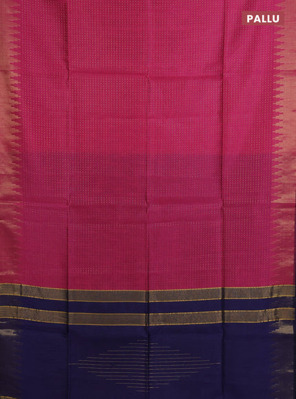 Semi dupion saree dark pink and navy blue with allover zari weaves and temple zari woven border