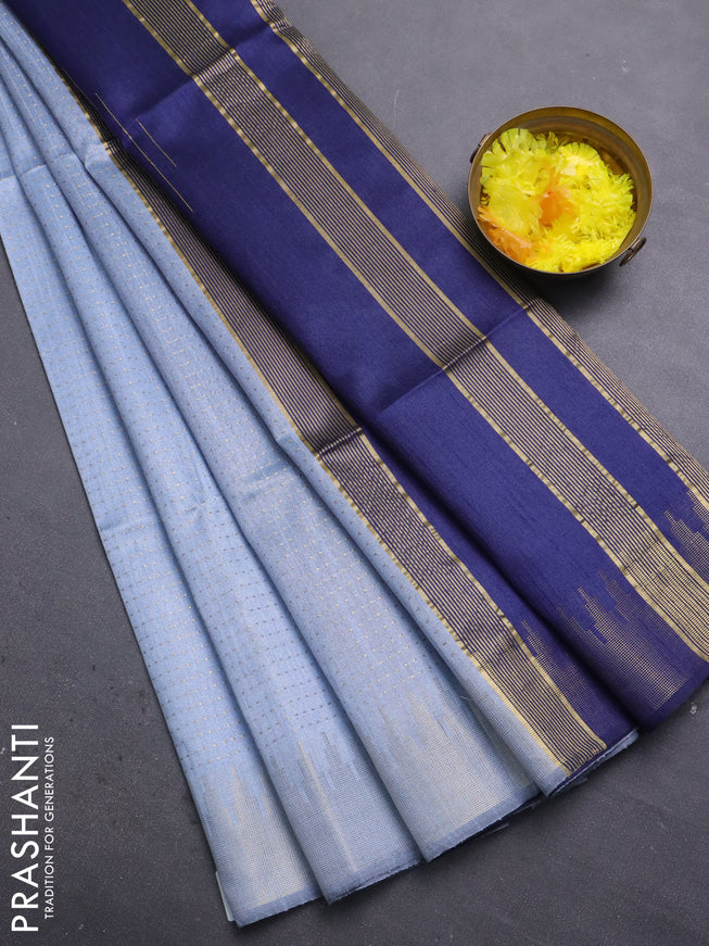 Semi dupion saree pastel blue and navy blue with allover zari weaves and temple zari woven border