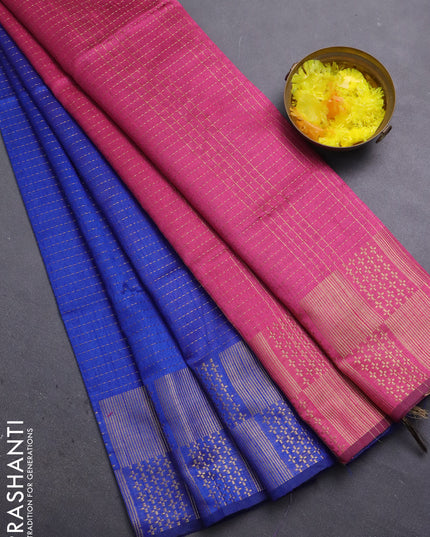 Semi dupion saree blue and pink with allover zari stripes pattern and zari woven border