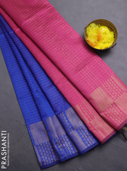 Semi dupion saree blue and pink with allover zari stripes pattern and zari woven border