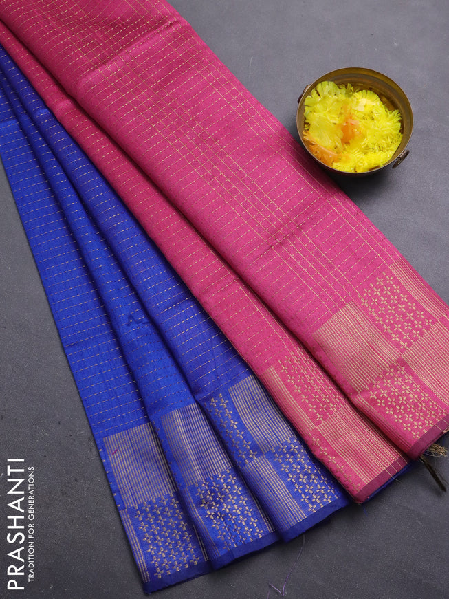 Semi dupion saree blue and pink with allover zari stripes pattern and zari woven border