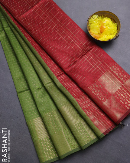 Semi dupion saree mehendi green and maroon with allover zari stripes pattern and zari woven border