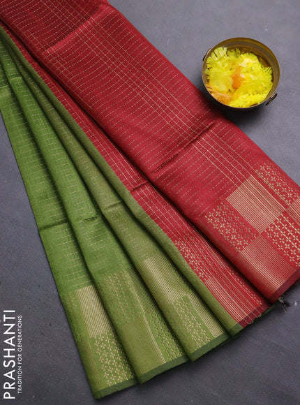 Semi dupion saree mehendi green and maroon with allover zari stripes pattern and zari woven border