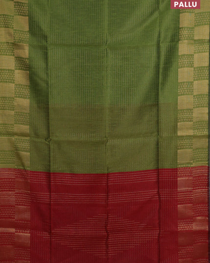 Semi dupion saree mehendi green and maroon with allover zari stripes pattern and zari woven border