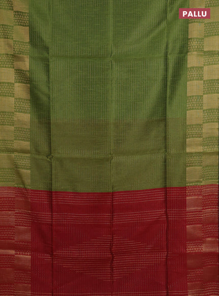 Semi dupion saree mehendi green and maroon with allover zari stripes pattern and zari woven border