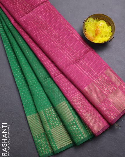 Semi dupion saree green and pink with allover zari stripes pattern and zari woven border