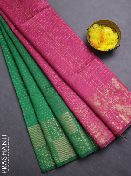 Semi dupion saree green and pink with allover zari stripes pattern and zari woven border