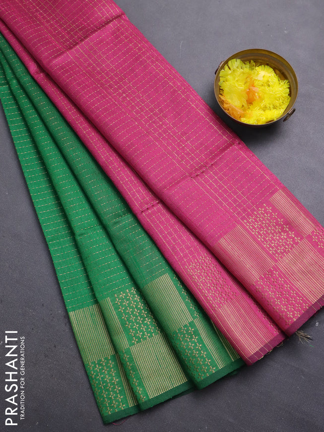 Semi dupion saree green and pink with allover zari stripes pattern and zari woven border