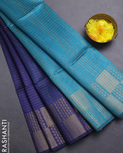 Semi dupion saree navy blue and teal green with allover zari stripes pattern and zari woven border