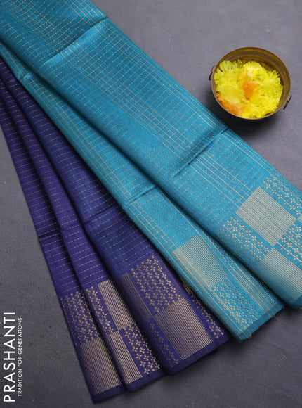 Semi dupion saree navy blue and teal green with allover zari stripes pattern and zari woven border