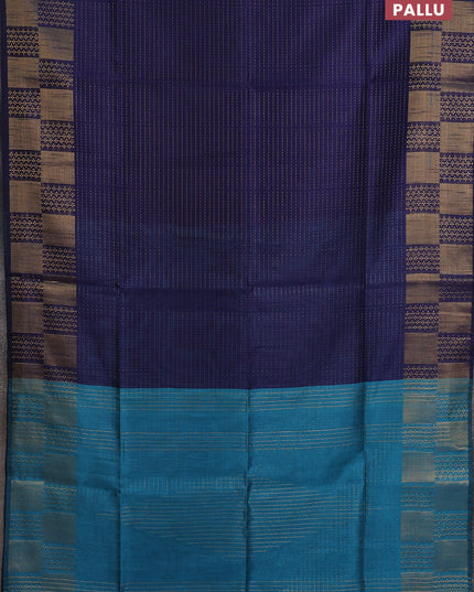Semi dupion saree navy blue and teal green with allover zari stripes pattern and zari woven border