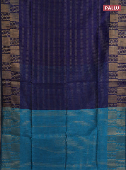 Semi dupion saree navy blue and teal green with allover zari stripes pattern and zari woven border
