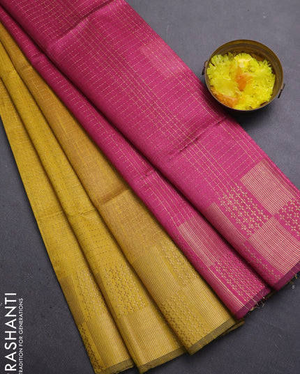 Semi dupion saree yellow and pink with allover zari stripes pattern and zari woven border