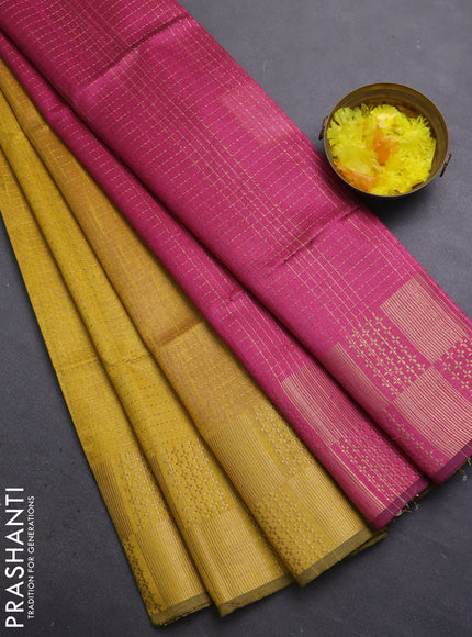 Semi dupion saree yellow and pink with allover zari stripes pattern and zari woven border