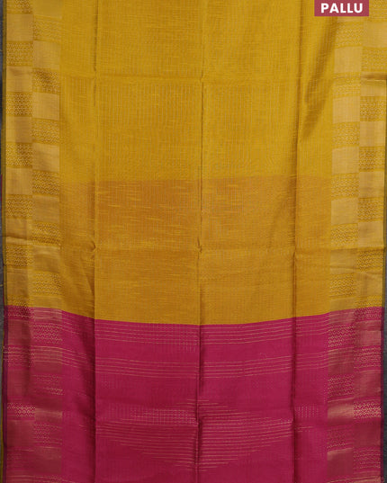Semi dupion saree yellow and pink with allover zari stripes pattern and zari woven border