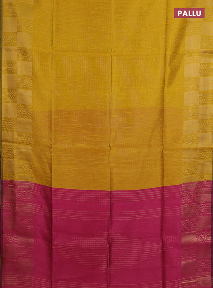 Semi dupion saree yellow and pink with allover zari stripes pattern and zari woven border