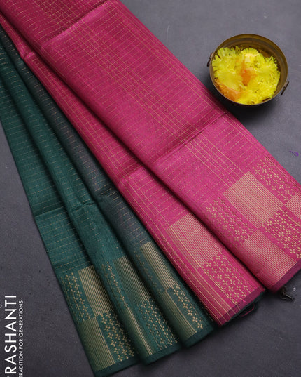 Semi dupion saree bottle green and pink with allover zari stripes pattern and zari woven border