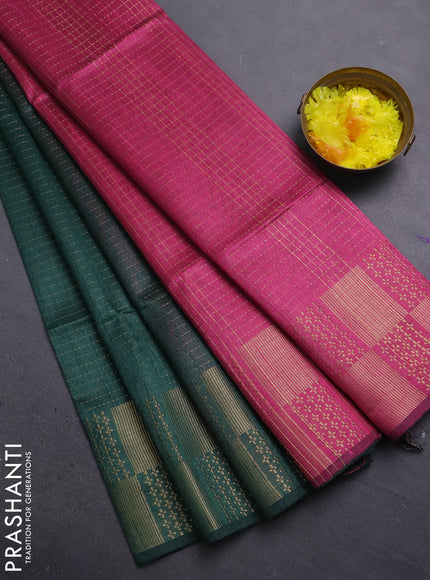 Semi dupion saree bottle green and pink with allover zari stripes pattern and zari woven border