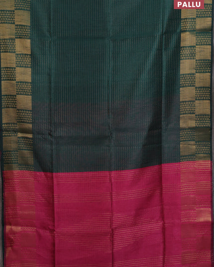 Semi dupion saree bottle green and pink with allover zari stripes pattern and zari woven border