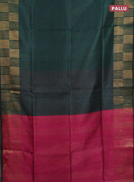 Semi dupion saree bottle green and pink with allover zari stripes pattern and zari woven border