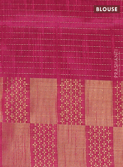 Semi dupion saree bottle green and pink with allover zari stripes pattern and zari woven border