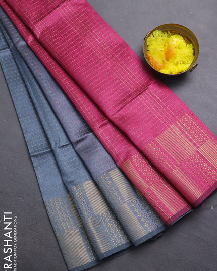 Semi dupion saree grey and pink with allover zari stripes pattern and zari woven border