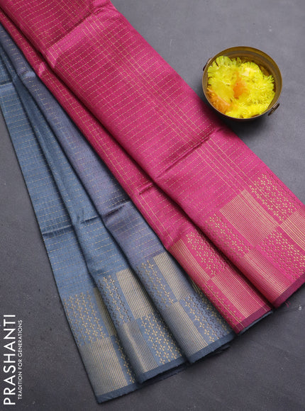 Semi dupion saree grey and pink with allover zari stripes pattern and zari woven border