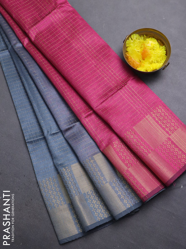 Semi dupion saree grey and pink with allover zari stripes pattern and zari woven border